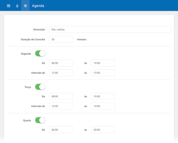 Configuração da duração do atendimento, horários e intervalos por dia da semana no Consultório Live.