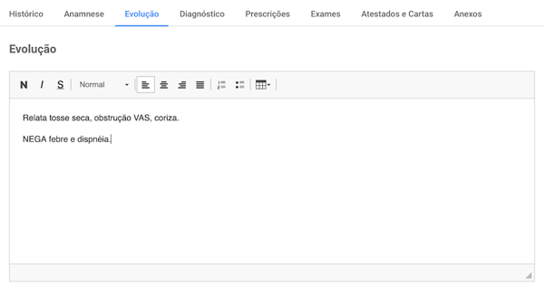 Tela de atendimento para registrar a evolução clínica do paciente.