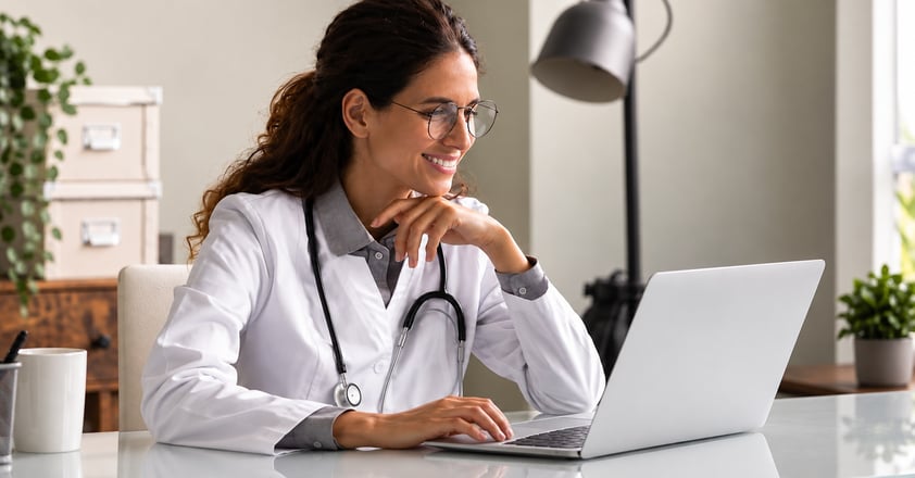 Médica trabalhando à mesa com notebook e anotações.