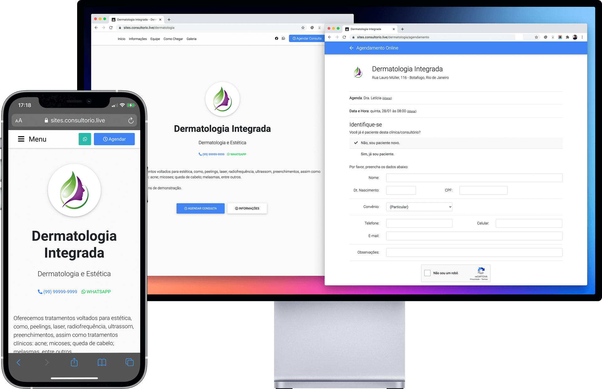 Dispositivos mostram site gerado pelo Consultório Live, com recurso de Agendamento Online